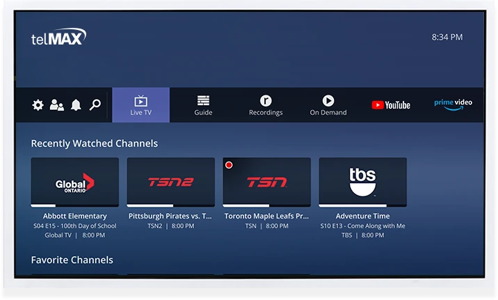 The telMAX TV interface showing a sleek dark blue menu displaying "Recently Watched Channels" including Global TV, TSN2, TSN, and TBS. The navigation bar features options for Live TV, Guide, Recordings, On Demand, YouTube, and Prime Video. This modern streaming platform combines traditional channels with on-demand content, leveraging high-speed internet service to deliver crystal-clear picture quality. The clean, user-friendly interface demonstrates how pure Fibre Internet plans enhance the home entertainment experience, providing seamless access to favourite programs and sporting events through reliable WiFi service.