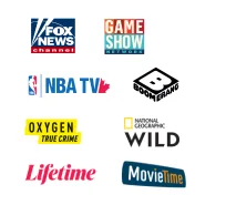 A small sample of the available channels in MAXview A La Carte TV add-ons. Logos shown: FOX News, Game Show Network, NBA TV, Boomerang, Oxygen True Crime, National Geographic Wild, Lifetime, and Movietime