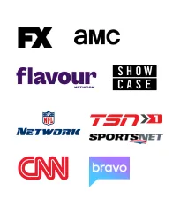 A small sample of the available channels in the MAXview Essentials plus TV package. Logos shown: FX, AMC, Flavour Network, Showcase, NFL Network, TSN 1, Sportsnet, CNN, and BRAVO